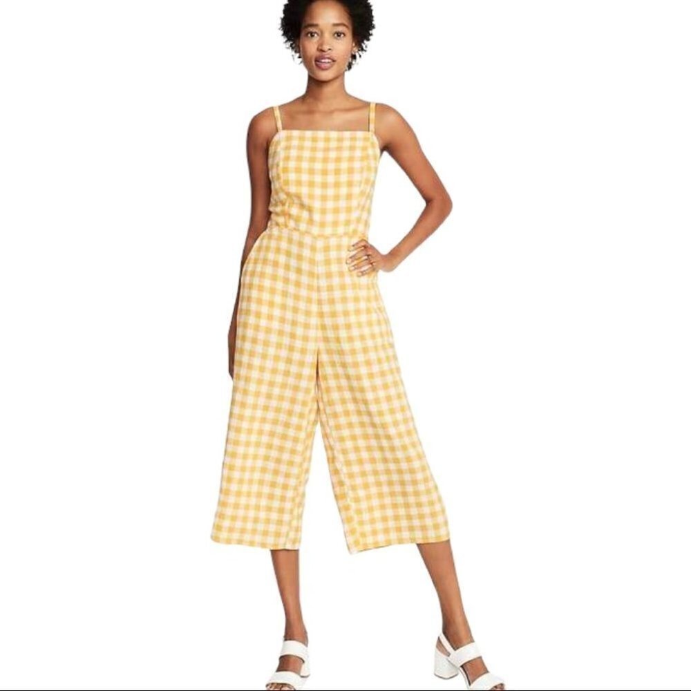 * Old Navy Yellow Gingham Linen Blend Jumpsuit Size S